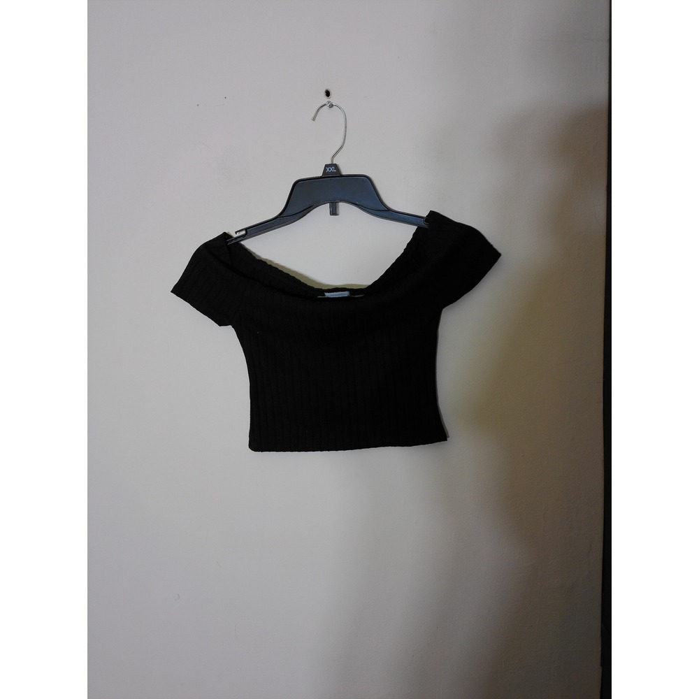 John Galt Crop Top Women One Size Black Ribbed Off Shoulder Minimalist Y2K